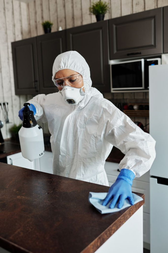 Woman in protective gear disinfecting a kitchen surface for safety.